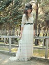 A-line Scoop Neck Lace Sashes / Ribbons Sweep Train Fashion 1/2 Sleeve Wedding Dresses #PWD00022748