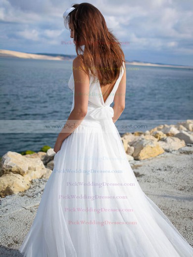 Simple A-line Tulle with Ruffles Sweep Train V-neck Backless Wedding Dresses #PWD00022750