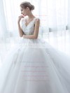 Fabulous Ball Gown V-neck Tulle with Appliques Lace Court Train Backless Wedding Dresses #PWD00022757