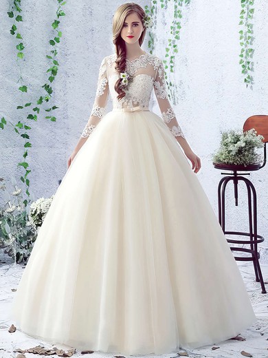 Open Back Ball Gown Scalloped Neck Tulle Appliques Lace Floor-length 3/4 Sleeve Sweet Wedding Dresses #PWD00022758