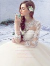 Open Back Ball Gown Scalloped Neck Tulle Appliques Lace Floor-length 3/4 Sleeve Sweet Wedding Dresses #PWD00022758