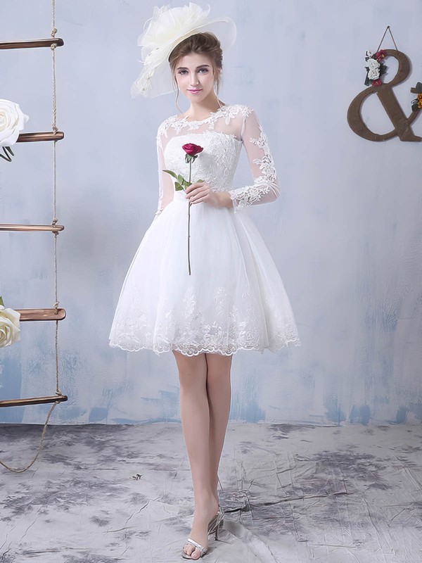Pretty Short/Mini A-line Scoop Neck Tulle Appliques Lace Long Sleeve Wedding Dresses #PWD00022759