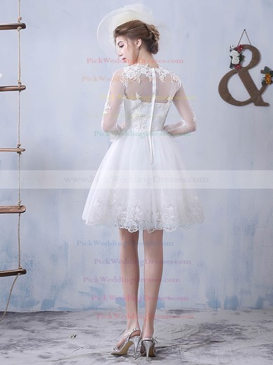Pretty Short/Mini A-line Scoop Neck Tulle Appliques Lace Long Sleeve Wedding Dresses #PWD00022759