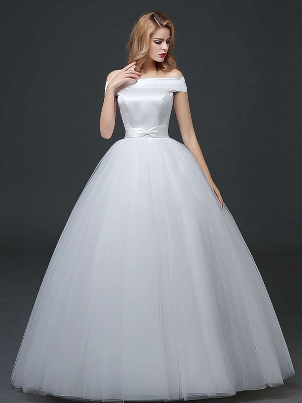 Elegant Ball Gown Satin Tulle Sashes / Ribbons Floor-length Lace-up Off-the-shoulder Wedding Dresses #PWD00022760