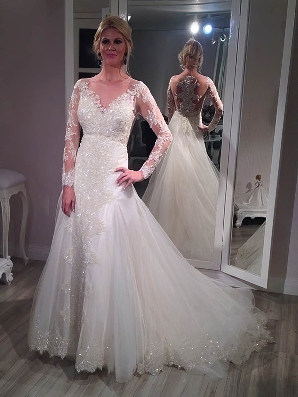 A-line Scoop Neck Tulle Appliques Lace Court Train Sparkly Long Sleeve Wedding Dresses #PWD00022761