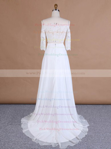 Custom Off-the-shoulder A-line Chiffon Tulle Appliques Lace Sweep Train 3/4 Sleeve Two Piece Wedding Dresses #PWD00022762