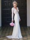 Backless Trumpet/Mermaid Scoop Neck Lace Chiffon Appliques Lace Sweep Train Long Sleeve Fashion Wedding Dresses #PWD00022766