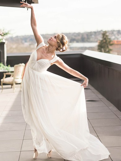 A-line Chiffon Ruffles Floor-length Backless Different Off-the-shoulder Wedding Dresses #PWD00022768