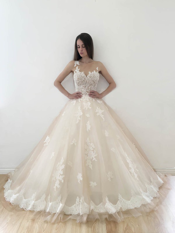 Affordable Sweetheart Tulle Appliques Lace Court Train Ball Gown Wedding Dresses #PWD00022773