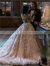 Princess Scoop Neck Tulle with Beading Court Train Stunning Long Sleeve Wedding Dresses #PWD00022778