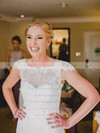 Perfect Scoop Neck Sheath/Column Lace Tulle Appliques Lace Sweep Train Cap Straps Wedding Dresses #PWD00022796