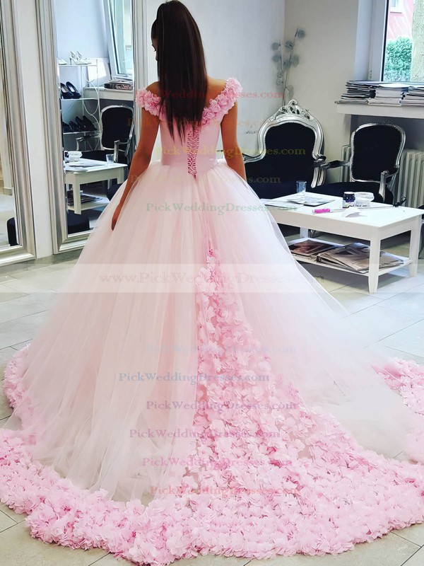 Glamorous Ball Gown Off-the-shoulder Pink Tulle Appliques Lace Court Train Wedding Dresses #PWD00022798