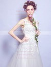 Ball Gown V-neck Ivory Tulle with Appliques Lace Chapel Train Beautiful Wedding Dresses #PWD00022799
