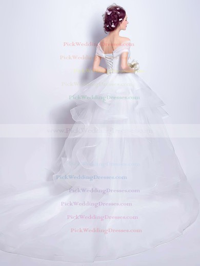 Different Princess Off-the-shoulder White Organza Tiered Asymmetrical Wedding Dresses #PWD00022801