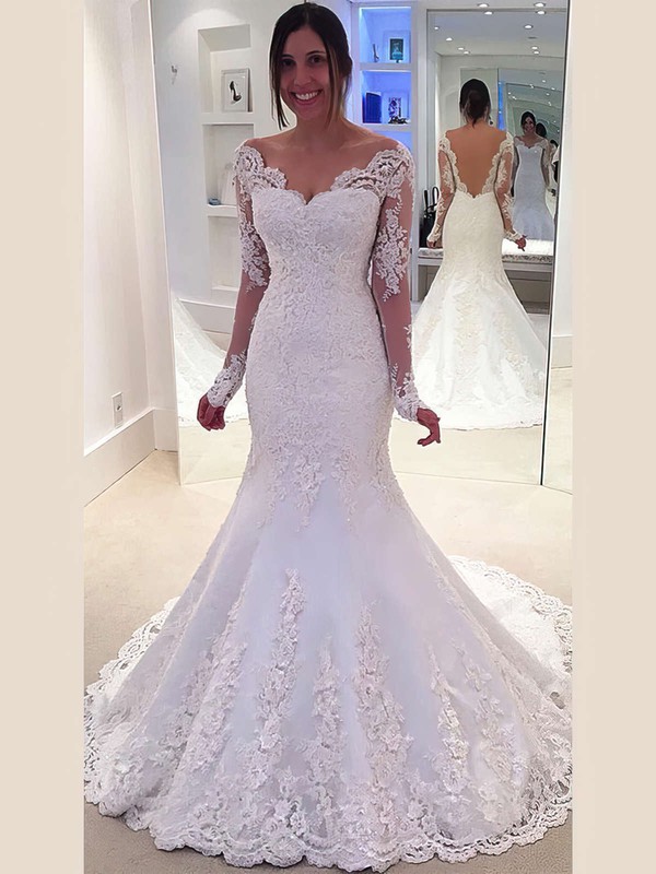 Trumpet/Mermaid Off-the-shoulder Tulle Appliques Lace Sweep Train Long Sleeve Modest Wedding Dresses #PWD00022803