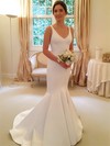 Simple Trumpet/Mermaid V-neck Satin with Bow Sweep Train Backless Wedding Dresses #PWD00022805