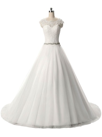 Graceful Ball Gown Scalloped Neck Tulle Sashes / Ribbons Sweep Train Wedding Dresses #PWD00022806