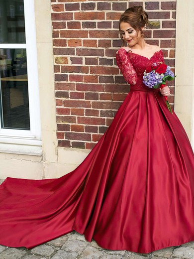 Ball Gown Off-the-shoulder Burgundy Satin Tulle Appliques Lace Watteau Train Long Sleeve Classy Wedding Dresses #PWD00022807