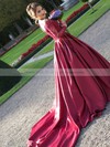 Ball Gown Off-the-shoulder Burgundy Satin Tulle Appliques Lace Watteau Train Long Sleeve Classy Wedding Dresses #PWD00022807