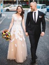 A-line Scoop Neck Champagne Tulle Appliques Lace Floor-length Long Sleeve New Wedding Dresses #PWD00022808