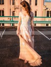 A-line Scoop Neck Champagne Tulle Appliques Lace Floor-length Long Sleeve New Wedding Dresses #PWD00022808