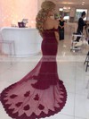 Sexy Trumpet/Mermaid Off-the-shoulder Burgundy Tulle Appliques Lace Court Train Wedding Dresses #PWD00022809