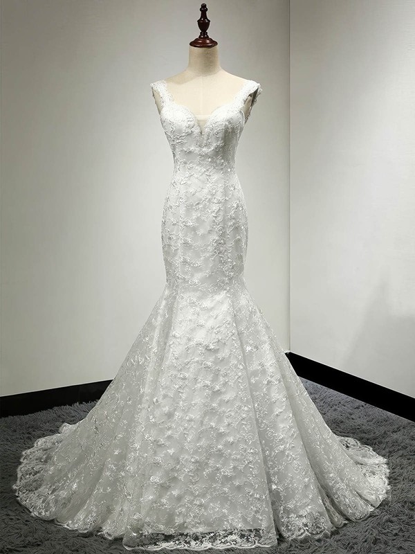 Classic Trumpet/Mermaid V-neck Ivory Lace with Appliques Lace Sweep Train Wedding Dresses #PWD00022811