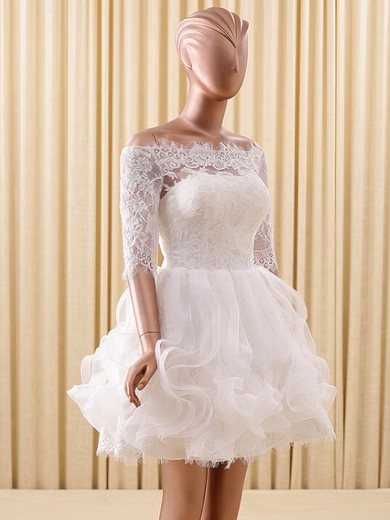 A-line Off-the-shoulder Organza Tulle Appliques Lace Short/Mini 1/2 Sleeve Cute Wedding Dresses #PWD00022822