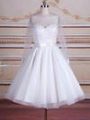A-line Scoop Neck Tulle Appliques Lace Knee-length Long Sleeve Backless Trendy Wedding Dresses #PWD00022824