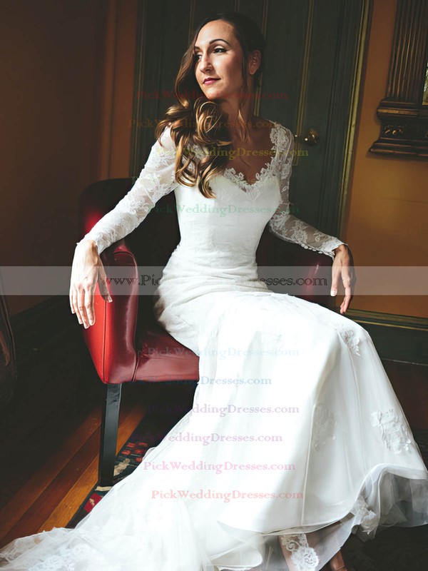 Popular Trumpet/Mermaid V-neck Tulle Appliques Lace Sweep Train Long Sleeve Wedding Dresses #PWD00022825