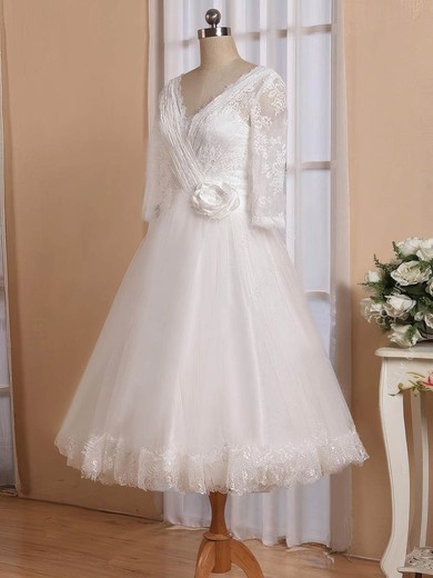 Cheap A-line V-neck Tulle with Flower(s) Tea-length 3/4 Sleeve Wedding Dresses #PWD00022826