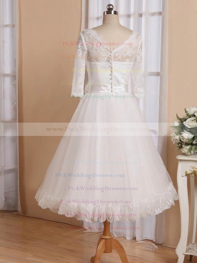 Cheap A-line V-neck Tulle with Flower(s) Tea-length 3/4 Sleeve Wedding Dresses #PWD00022826