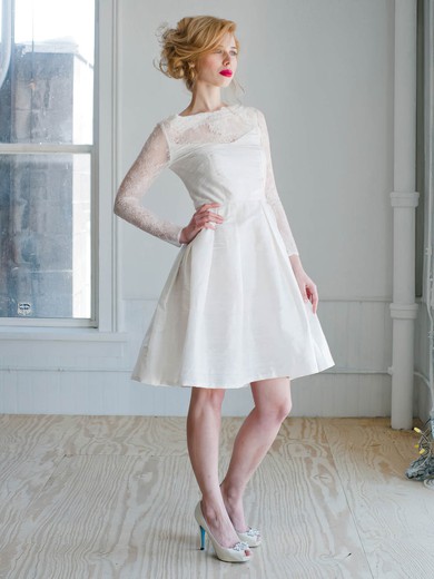 A-line Scoop Neck Lace Satin Appliques Lace Short/Mini Long Sleeve Modern Wedding Dresses #PWD00022827