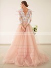 Pretty Princess V-neck Tulle with Appliques Lace Sweep Train 3/4 Sleeve Wedding Dresses #PWD00022828