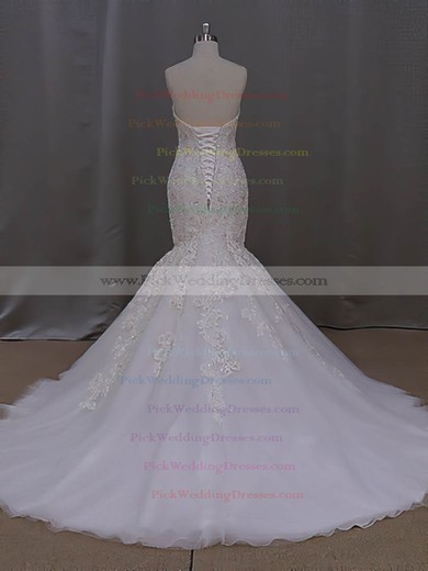 Online Trumpet/Mermaid Sweetheart Tulle with Appliques Lace Court Train Wedding Dresses #PWD00022829
