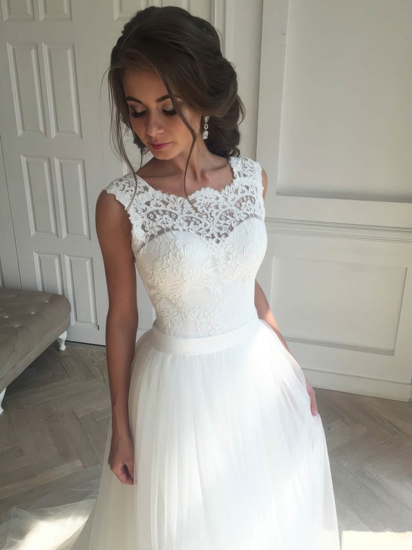 A-line Scoop Neck Tulle with Appliques Lace Sweep Train Backless Sweet Wedding Dresses #PWD00022835