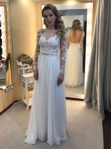 A-line Scoop Neck Tulle Chiffon Sashes / Ribbons Floor-length Long Sleeve Backless Unique Wedding Dresses #PWD00022836
