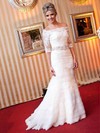 Trumpet/Mermaid Off-the-shoulder Tulle Appliques Lace Sweep Train 1/2 Sleeve Graceful Wedding Dresses #PWD00022839