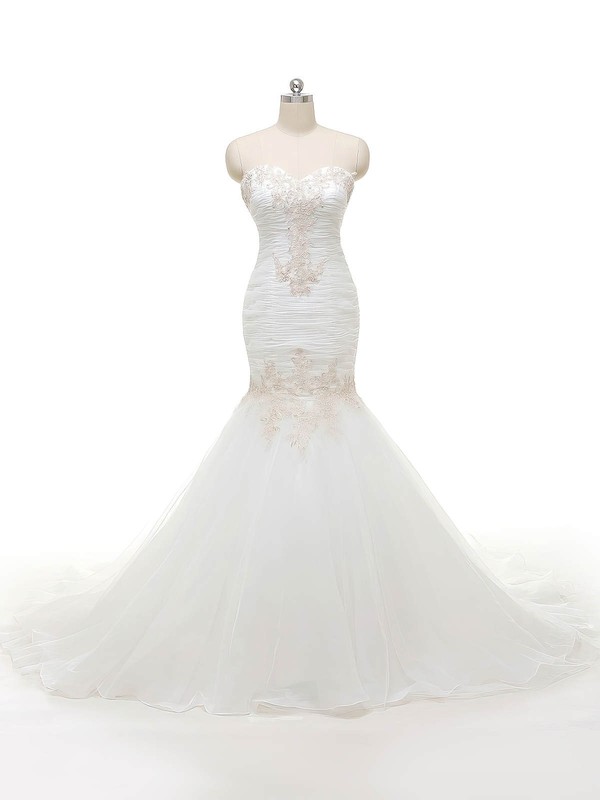 Wholesale Trumpet/Mermaid Sweetheart Organza with Appliques Lace Sweep Train Wedding Dresses #PWD00022840