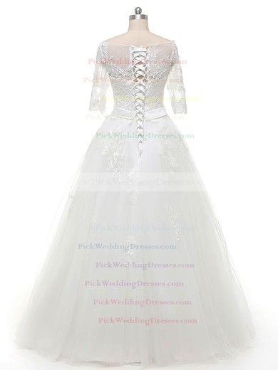 Ball Gown Scoop Neck White Tulle Appliques Lace Floor-length 1/2 Sleeve Original Wedding Dresses #PWD00022844
