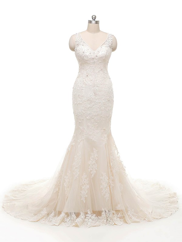 Perfect Trumpet/Mermaid V-neck Ivory Tulle Crystal Detailing Court Train Wedding Dresses #PWD00022845