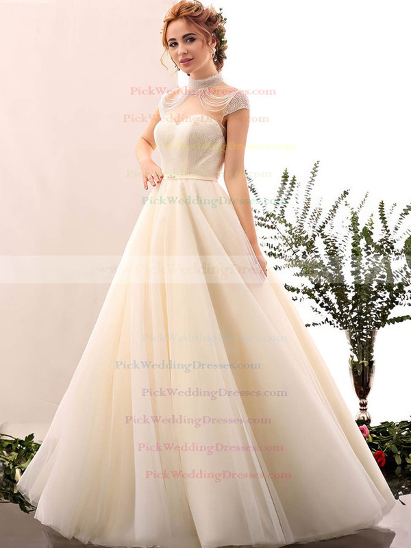 Ball Gown High Neck Tulle with Beading Floor-length Open Back Fabulous Wedding Dresses #PWD00022848