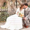 Modest Princess Scoop Neck Satin with Appliques Lace Sweep Train 3/4 Sleeve Wedding Dresses #PWD00022854