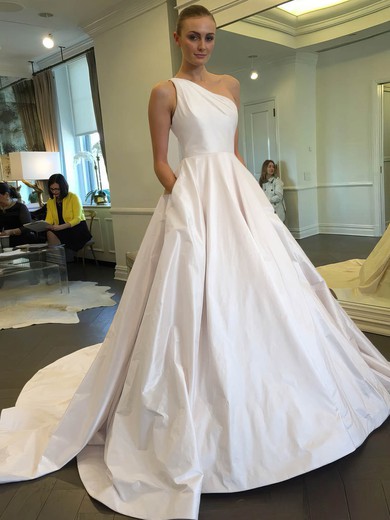 Classic Ball Gown One Shoulder Satin with Ruffles Sweep Train Wedding Dresses #PWD00022855