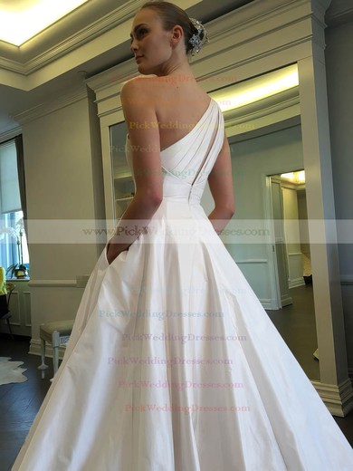 Classic Ball Gown One Shoulder Satin with Ruffles Sweep Train Wedding Dresses #PWD00022855