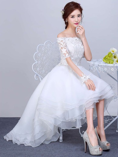 A-line Off-the-shoulder Organza Tulle Appliques Lace Asymmetrical 1/2 Sleeve High Low Pretty Wedding Dresses #PWD00022857