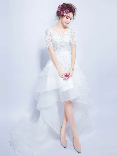 Sweet A-line V-neck Organza Tulle Appliques Lace Asymmetrical Short Sleeve High Low Wedding Dresses #PWD00022858