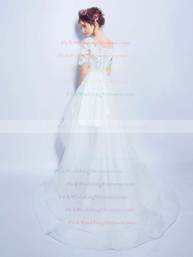 Sweet A-line V-neck Organza Tulle Appliques Lace Asymmetrical Short Sleeve High Low Wedding Dresses #PWD00022858