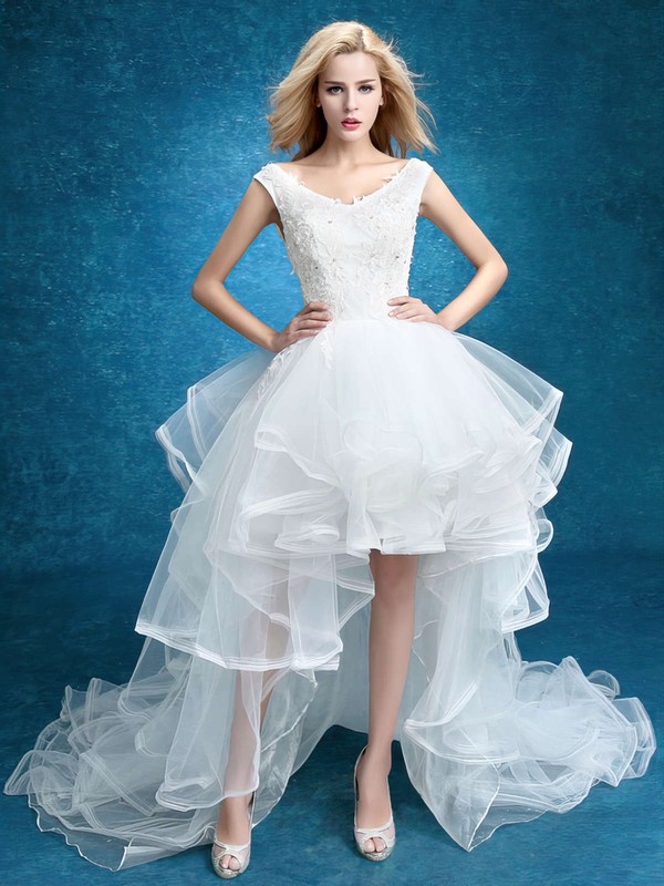 A-line V-neck Tulle with Appliques Lace Asymmetrical High Low Unique Wedding Dresses #PWD00022859