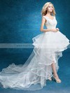 A-line V-neck Tulle with Appliques Lace Asymmetrical High Low Unique Wedding Dresses #PWD00022859